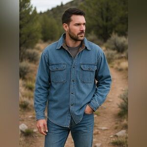 World Island Travel Gear Fleece-Lined Denim Shirt Jacket | Chore Coat Size Large